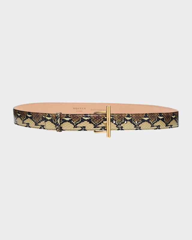 T-Bar Snakeskin-Print Leather Skinny Belt